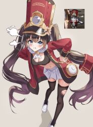 1girl :t absurdres aiguillette anger_vein ascot black_hair black_sports_bra black_thighhighs blue_eyes blush breasts cleavage closed_mouth commentary_request foot_out_of_frame from_above fur_scarf game_screenshot_inset genderswap genderswap_(otf) glaring grey_background hands_on_own_hips hat highres honkai:_star_rail honkai_(series) jacket k2_(kazu1030) long_hair looking_ahead medium_breasts midriff miniskirt navel open_clothes open_jacket personification pleated_skirt pocket_watch pom-pom_(honkai:_star_rail) pout puff_of_air red_hat red_jacket reference_inset shako_cap shoes simple_background skirt solo sports_bra standing thighhighs torn_clothes torn_thighhighs twintails very_long_hair watch white_ascot white_shoes white_skirt zettai_ryouiki