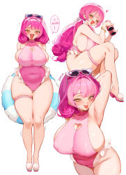 1girl :d :p arm_behind_head armpits artist_name binoculars bracelet breasts cleavage_cutout clothing_cutout commentary covered_erect_nipples eden_(shiroki_yuutsu) english_commentary english_text eyewear_on_head full_body heart heart-shaped_eyewear highres holding holding_binoculars huge_breasts jewelry legs looking_at_viewer multiple_views one-piece_swimsuit open_mouth original pink_hair pink_one-piece_swimsuit simple_background sitting smile speech_bubble sunglasses swimsuit thighs tongue tongue_out vanilla_(eden_(shiroki_yuutsu)) white_background yellow_eyes