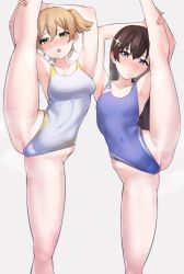 2girls absurdres armpits arms_up bare_arms bare_legs bare_shoulders black_hair blue_eyes blue_one-piece_swimsuit blush breasts closed_mouth collarbone commentary_request commission competition_swimsuit covered_navel daiba_nana feet_out_of_frame green_eyes green_ribbon grey_background groin hair_between_eyes hair_ornament hands_on_own_leg heavy_breathing highleg highleg_one-piece_swimsuit highres kagura_hikari leg_up light_brown_hair long_hair medium_breasts multiple_girls nasuno_(nasuno42) nose_blush one-piece_swimsuit open_mouth raised_eyebrows ribbon short_hair short_twintails shoujo_kageki_revue_starlight side-by-side simple_background skeb_commission small_breasts sparkle_hair_ornament split standing standing_on_one_leg standing_split steaming_body sweat swimsuit teeth twintails upper_teeth_only white_one-piece_swimsuit