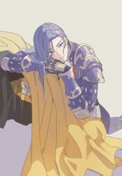 1boy armor cape chinese_commentary closed_mouth commentary_request curtained_hair feet_out_of_frame fire_emblem fire_emblem:_three_houses flower grey_background hair_behind_ear highres kneeling long_hair looking_to_the_side lorenz_hellman_gloucester lorenz_hellman_gloucester_(timeskip) male_focus nintendo nomoyu ornate_armor own_hands_clasped own_hands_together pauldrons purple_armor purple_eyes purple_hair red_flower red_rose ringed_eyes rose shoulder_armor simple_background solo unworn_clothes yellow_cape