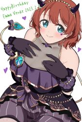 1girl 3: armpit_crease black_dress black_gloves black_horns blue_eyes blush bob_cut breasts brown_hair character_name cleavage closed_mouth commentary_request cowboy_shot dated dress emma_verde emma_verde_(an_alluring_devil) freckles frilled_dress frills gloves happy_birthday heart highres horns large_breasts liz_(piyoko_piyop) love_live! love_live!_nijigasaki_high_school_idol_club love_live!_school_idol_festival_all_stars medium_hair official_alternate_costume simple_background sitting solo white_background