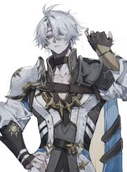 Rule 34 | 1boy, :/, absurdres, antenna hair, armor, arms up, belt, black belt, black choker, black gloves, blue eyes, chest strap, choker, closed mouth, coat, collarbone, cowboy shot, curtained hair, fingerless gloves, gloves, grey hair, hair between eyes, hand on own hip, highres, honkai: star rail, honkai (series), male focus, pauldrons, phainon (honkai: star rail), short hair, shoulder armor, simple background, single pauldron, sleeve cuffs, solo, sunset 1830, white background, white coat