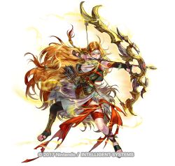 1girl arrow_(projectile) blonde_hair bow_(weapon) braid circlet copyright_notice earrings fingerless_gloves fire_emblem fire_emblem:_genealogy_of_the_holy_war fire_emblem_heroes full_body fur_trim gladiator_sandals gloves holding holding_bow_(weapon) holding_weapon hoop_earrings jewelry long_hair necklace nintendo official_art sandals simple_background single_thighhigh suzuki_rika thighhighs ullr_(fire_emblem) very_long_hair weapon white_background yellow_eyes yewfelle_(fire_emblem)