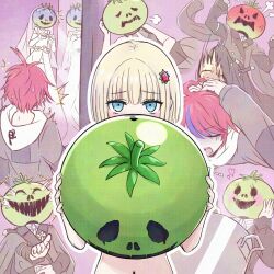 1boy 1girl blonde_hair blue_eyes blue_hair blush bridal_veil cooking_pot dress hair_ornament heart highres holding holding_mask hood hood_down jacket laughing long_sleeves mask mayumalis mirror multiple_views nude oosuzuki_kurara open_mouth pointing puff_of_air red_hair short_hair solo_focus stomping sumino_takumi the_hundred_line_-last_defense_academy- tomato veil wedding_dress