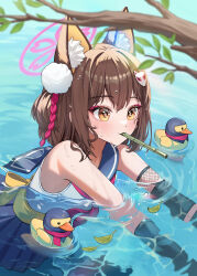 1girl animal_ear_fluff animal_ears bamboo bird blue_archive blue_sailor_collar blue_skirt branch brown_hair dot_nose duck eyeshadow fox_ears fox_hair_ornament hair_ornament halo highres izuna_(blue_archive) leaf light_blush makeup mask mouth_hold mouth_mask neckerchief ninja_mask obi on_water pink_halo pleated_skirt pom_pom_(clothes) pom_pom_hair_ornament prock red_eyeshadow red_neckerchief red_scarf sailor_collar sash scarf shirt short_hair skirt sleeveless sleeveless_shirt solo swimming water wet white_shirt yellow_eyes