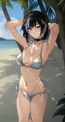 1girl absurdres ahoge armpits beach bikini black_hair blue_hair blue_sky breasts brown_eyes cloud commentary cross cross_earrings day earrings english_commentary highres irene_(kanniiepan) jewelry kanniiepan looking_at_viewer medium_breasts mole mole_on_breast multicolored_hair navel ocean original outdoors palm_tree parted_lips short_hair silver_bikini single_earring sky solo standing stomach sweat swimsuit thighs tree two-tone_hair