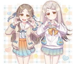 2girls aqua_ribbon blonde_hair blush bow bowtie brown_eyes brown_hair cardigan collarbone colored_eyelashes flipped_hair frilled_sailor_collar frills gakuen_idolmaster gradient_hair gradient_skin grey_hair hair_ribbon half-heart_hands heart idolmaster komaki_(komaki0769) kuramoto_china long_hair looking_at_viewer multicolored_hair multiple_girls neck_ribbon orange_eyes parted_bangs pleated_skirt ribbon sailor_collar school_uniform serafuku shinosawa_hiro shirt shirt_tucked_in skirt smile straight_hair swept_bangs symbol-shaped_pupils teeth upper_teeth_only very_long_hair white_cardigan white_shirt yellow_bow yellow_bowtie yellow_cardigan
