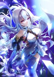 Rule 34 | 1girl, absurdres, bare shoulders, breasts, closed mouth, detached sleeves, dress, genshin impact, hair between eyes, hair ornament, highres, holding, holding sword, holding weapon, large breasts, long hair, looking at viewer, mayupika, red eyes, short sleeves, skirk (genshin impact), solo, sword, very long hair, weapon, white dress, white hair