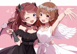 2girls ahoge angel_wings arm_up armpits bare_shoulders belt black_belt black_choker black_dress blue_eyes blush border bow bracelet breasts bridal_gauntlets brown_eyes brown_hair candy chocolate chocolate_heart choker cleavage cowboy_shot demon_horns demon_wings dot_nose double_bun dress earrings fake_horns fake_wings feathered_wings flower flower_bracelet flower_earrings flower_necklace flower_wreath food frilled_dress frills gakuen_idolmaster grey_bow grid_background hair_bow hair_bun hanami_saki hanami_ume hand_on_another&#039;s_hip heart heart-shaped_food heart_necklace holding holding_chocolate holding_food horns idolmaster jewelry large_breasts looking_at_viewer medium_breasts medium_hair multiple_girls necklace off-shoulder_dress off_shoulder one_eye_closed open_hand open_mouth outside_border pink_background polka_dot polka_dot_bow sakura_ran signature sleeveless sleeveless_dress smile teeth two_side_up upper_teeth_only waist_bow white_border white_bow white_dress wings
