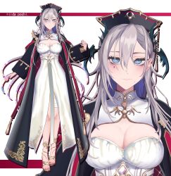1girl 3d absurdres anklet bandage_on_thigh black_coat blue_eyes breasts cleavage cleavage_cutout clothing_cutout coat commentary_request corset dalachi_(headdress) double-parted_bangs dress full_body gem gold_trim grey_hair hair_between_eyes head_wings highres horizontal_pupils indie_virtual_youtuber jewelry large_breasts long_hair looking_at_viewer mole mole_under_eye multicolored_hair nail_polish pochimaru_(vtuber) pochimaru_(vtuber)_(4th_costume) red_nails ring single_wrist_guard straight-on strap tassel teardrop_facial_mark toenail_polish toenails ukmey very_long_hair virtual_youtuber white_corset white_dress wings