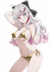 1girl bikini bow breasts character_request colored_inner_hair commentary copyright_request cowboy_shot gold_bikini green_eyes grey_hair grin hair_bow hair_ornament hairclip heterochromia medium_breasts multicolored_hair navel pink_hair polka_dot_bowtie red_eyes same_no_fukahire side-tie_bikini_bottom smile solo swimsuit symbol-only_commentary