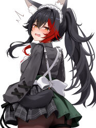 1girl @_@ absurdres animal_ears apron ass black_hair black_pantyhose black_skirt blush clothing_cutout collared_shirt colored_skin commentary_request cross-laced_clothes cross-laced_sleeves crossed_bangs double-parted_bangs fang frilled_apron frills from_behind garter_straps green_skirt grey_shirt hair_between_eyes high_ponytail highres hololive long_sleeves looking_at_viewer looking_back maid_headdress micon miniskirt multicolored_hair multicolored_skin official_alternate_costume ookami_mio ookami_mio_(8th_costume) open_mouth pantyhose plaid_clothes plaid_skirt ponytail puffy_long_sleeves puffy_sleeves red_hair shirt sidelocks simple_background skirt solo streaked_hair tail tail_through_clothes thigh_strap two-tone_skin virtual_youtuber wavy_mouth white_apron white_background wolf_ears wolf_girl wolf_tail yellow_eyes