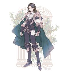 Rule 34 | 1boy, 1girl, armor, black boots, black hair, black pantyhose, boots, cape, collar, commentary, commission, dress, embroidery, floral background, flower, frilled collar, frills, full body, gold embroidery, green cape, green eyes, knee armor, knee boots, lemon89h, long hair, long sleeves, looking at viewer, original, pants, pantyhose, parted bangs, pauldrons, rococo movement, shoulder armor, solo, vambraces