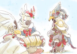 3boys accordion alternate_costume animal_feet arm_at_side beak beret bird_boy bird_legs bird_tail blue_background blue_capelet blue_fur blue_hair blush_stickers body_fur bow bowtie braid capelet christmas claws closed_eyes closed_mouth cushion earrings full_body fur-trimmed_capelet fur-trimmed_sleeves fur_trim furry furry_male green_eyes hair_tie happy hat hat_feather holding holding_instrument holly instrument jewelry kass leg_warmers long_sleeves male_focus multiple_boys music neck_bell neck_ribbon nintendo open_mouth outline playing_instrument red_bow red_bowtie red_headwear red_ribbon revali ribbon rito short_hair sitting sketch smile tail tassel teba_(zelda) the_legend_of_zelda the_legend_of_zelda:_breath_of_the_wild time_paradox tree_stump two-tone_fur u_u ukata white_capelet white_fur white_hair white_outline yellow_eyes