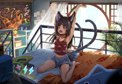 1girl ;o absurdres amillion_(zenless_zone_zero) animal_ear_fluff animal_ears armpits arms_behind_head arms_up barcode bare_legs bare_shoulders barefoot black_hair cat_ears cat_girl cat_tail dark-skinned_female dark_skin dolphin_shorts fang highres long_hair multiple_tails navel nekomiya_mana on_bed one_eye_closed open_mouth red_eyes short_shorts shorts sitting skin_fang solo stretching tail thighs two_tails user_ecnk4258 waking_up wariza zenless_zone_zero