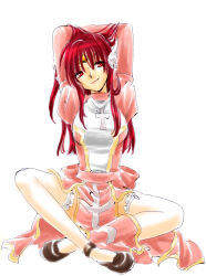 1girl arms_behind_head back_bow bow breasts brown_shoes closed_mouth commentary_request cross dress feathered_wings frilled_thighhighs frills full_body garter_straps head_tilt head_wings high_priest_(ragnarok_online) highres juliet_sleeves long_hair long_sleeves looking_at_viewer medium_breasts pink_bow pink_dress pink_sash puffy_sleeves ragnarok_online red_eyes red_hair sash shoes simple_background smile solo thighhighs two-tone_dress white_background white_dress white_thighhighs white_wings wings yuki_minaduki