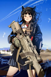 Rule 34 | 1girl, absurdres, animal ear fluff, animal ears, anti-materiel rifle, barrett m82, black hair, black jacket, black skirt, blunt bangs, blush, brown eyes, bulletproof vest, cat ears, cat girl, cat tail, contrail, gun, headphones, highres, holding, holding gun, holding weapon, implied extra ears, jacket, looking at viewer, original, parted lips, pleated skirt, rail (weapon), rifle, signature, skirt, smile, sniper rifle, solo, tail, trigger discipline, twice12314, weapon