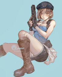1girl artist_name beret black_gloves black_skirt blue_background blue_hat blue_tube_top boots breasts brown_boots brown_hair cleavage fingerless_gloves gloves gun handgun hat holding holding_gun holding_weapon jet_kimchrea jill_valentine miniskirt panties parted_lips resident_evil short_hair signature simple_background skirt strapless tube_top underwear weapon white_panties
