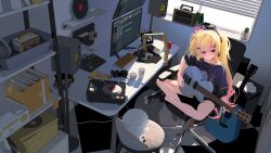 Rule 34 | 1girl, absurdres, acoustic guitar, ahoge, backlighting, black shoes, black shorts, blonde hair, book, cactus, chair, computer keyboard, converse, cup, day, dj controller, electric guitar, gradient hair, guitar, hair ornament, hairclip, halo, heart, heart ahoge, highres, holding, holding guitar, holding instrument, indian style, indie virtual youtuber, indoors, instrument, jewelry, long hair, looking at object, microphone, mixing console, monitor, multicolored hair, multiple monitors, music, necklace, nintendo switch, on chair, ophanim halo, parallel hairclips, phonograph, pink eyes, pink hair, pink halo, pink streaks, plant, playing guitar, playing instrument, potted plant, purple shirt, second-party source, sheet music, shelf, shirt, shoes, shorts, sitting, solo, speaker, star (symbol), star in eye, streaked hair, studio microphone, suko (vtuber), symbol in eye, table, tag, turntable, twintails, vinyl record, virtual youtuber, window, window blinds, wireless game controller, yuebanmao