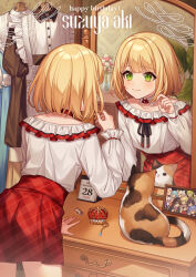 1boy 1st_generation_(nijisanji) androgynous black_ribbon blonde_hair blush bob_cut calico_cat cat character_name chest_of_drawers closed_mouth clothes_hanger collarbone commentary commentary_request cowboy_shot crown detached_collar drawer elu_(1st_costume)_(nijisanji) elu_(nijisanji) english_commentary facing_away flower frilled_shirt frilled_sleeves frills from_behind green_eyes hand_up happy_birthday high-waist_shorts highres higuchi_kaede higuchi_kaede_(1st_costume) indoors karokuchitose leaning_forward long_sleeves male_focus mirror mixed-language_commentary moira_(1st_costume)_(nijisanji) moira_(nijisanji) nijisanji off-shoulder_shirt off_shoulder picture_frame pink_flower plaid_clothes plaid_shorts plant pleated_shorts red_shorts reflection ribbon shibuya_hajime shibuya_hajime_(4th_costume) shirt shizuka_rin shizuka_rin_(1st_costume) short_hair short_shorts shorts smile solo standing suzuya_aki suzuya_aki_(1st_costume) trap tsukino_mito tsukino_mito_(1st_costume) unworn_crown vase virtual_youtuber white_flower white_shirt yuuki_chihiro yuuki_chihiro_(1st_costume)