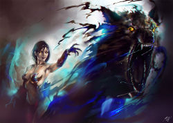 1girl bandai_namco black_hair breasts corruption dark_persona kazama_jun namco navel nude possessed possession tekken tekken_tag_tournament_2 unknown_(tekken) yellow_eyes