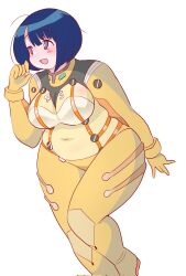 1girl black_hair blue_eyes blush bob_cut bodysuit breasts covered_navel gundam gundam_gquuuuuux highres large_breasts mature_female mecha_pilot_suit open_mouth plump shiiko_sugai short_hair solo standing toyishiki_shizuoka white_background wide_hips