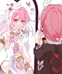 Rule 34 | 1girl, applying lipstick, applying makeup, breasts, brown dress, cleavage, commentary request, company connection, corset, cosmetics, cyrene (honkai: star rail), diamond-shaped pupils, diamond (shape), dress, elf, elysia (herrscher of human: ego) (honkai impact), elysia (honkai impact), from behind, gloves, hair ornament, highres, holding, holding lipstick tube, honkai: star rail, honkai (series), honkai impact 3rd, inoue marina, ko (assd 009), korean commentary, large breasts, lipstick tube, long hair, looking at mirror, medium hair, mirror, pink hair, pointy ears, purple eyes, symbol-shaped pupils, trait connection, triquetra, veil, very long hair, voice actor connection, white corset, white gloves, white veil, yanning