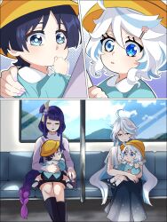 Rule 34 | 1boy, 3girls, aged down, alternate costume, aqua shirt, blue eyes, blue hair, blue sky, boots, closed eyes, cloud, furina (genshin impact), genshin impact, hair ornament, hairclip, hat, heterochromia, highres, julydelic, long hair, multicolored hair, multiple girls, purple hair, purple shirt, raiden shogun, scaramouche (genshin impact), school uniform, shirt, short hair, skirt, sky, symbol-shaped pupils, train interior, white hair, yellow headwear