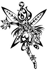 crests_(digimon) digimon dress fairy highres lilimon long_hair monochrome open_hand plant simple_background smile tattoo tribal vines white_background wings