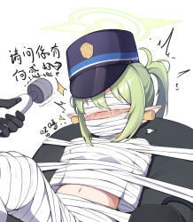 1girl arms_behind_back bandages blindfold blue_archive chinese_commentary cropped crying green_hair juzi_(orange8619) midriff motion_lines mummification_(bound) mummy navel nozomi_(blue_archive) reclining restrained stomach tears