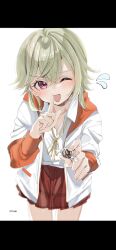1girl artist_name blush chocolate facial_mark flying_sweatdrops food grey_hair highres holding holding_chocolate holding_food jacket komori_met letterboxed looking_at_viewer one_eye_closed open_clothes open_jacket open_mouth otsu_hai18 purple_eyes shirt skirt solo virtual_youtuber vspo! white_background white_shirt