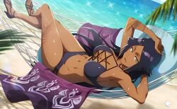 1girl arm_on_own_head bare_shoulders beach beach_towel bleach bleach:_brave_souls bleach:_sennen_kessen-hen breasts collarbone criss-cross_straps crossed_legs dark-skinned_female dark_skin duplicate female_focus floral_print hair_down hammock large_breasts long_hair looking_at_viewer ocean official_art palm_leaf parted_lips purple_hair sand sarong shihouin_yoruichi shiny_skin sunlight towel yellow_eyes