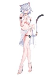 1girl absurdres alternate_costume animal_ear_fluff animal_ears breasts cat_ears cat_girl cat_tail cipher_(honkai:_star_rail) cleavage closed_mouth commentary full_body grey_hair high_heels highres honkai:_star_rail honkai_(series) large_breasts looking_at_viewer medium_hair multicolored_hair navel simple_background smile stomach streaked_hair symbol-only_commentary tail themaree thigh_strap toes white_background white_hair