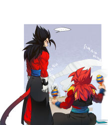 Rule 34 | 2boys, black hair, blue eyes, blue sash, closed mouth, dougi, dragon ball, dragon ball heroes, earrings, gloves, gogeta, gogeta (xeno), jewelry, long hair, male focus, metamoran vest, monkey boy, monkey tail, multiple boys, muscular, muscular male, ommmyoh, pants, potara earrings, red fur, saiyan, sash, spiked hair, super saiyan, super saiyan 4, tail, time patrol (dragon ball), twitter username, vegetto, vegetto (xeno)
