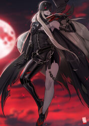 1girl absurdres belt black_belt black_bodysuit black_cape black_gloves blurry blurry_background bodysuit cape chain colored_skin demon_girl digimon digimon_(creature) doctor_anfelo full_moon gloves grey_skin highres ladydevimon leather_suit long_hair mask moon red_eyes red_sky sky sparkle very_long_hair