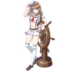 1girl bird breasts brown_hair closed_mouth crop_top dolphin_wave game_cg hat helm helmet highres looking_at_viewer medium_breasts mini_hat navel neckerchief non-web_source official_art ootomo_takuji purple_eyes red_neckerchief sailor sailor_collar see-through_clothes see-through_shirt see-through_skirt shirt skindentation skirt smile solo suminoe_shion suspenders thighhighs transparent_background wig