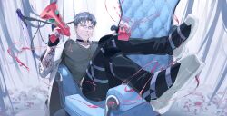 1boy absurdres black_pants ch4nge_(cevio) chair character_request choker gloves grey_shirt grimace highres holding holding_cube jungki_dr long_sleeves looking_at_viewer male_focus megaphone pants shirt short_hair sitting_sideways solo