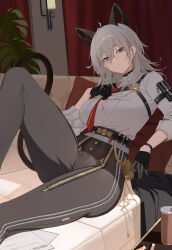 1girl absurdres adjusting_clothes adjusting_necktie arm_pouch black_choker black_gloves black_horns black_pants black_pouch black_tail breasts button_gap chest_harness choker closed_mouth collared_shirt commentary couch curled_horns demon_tail earrings gloves grey_hair hair_between_eyes hakusai_ooc harness highres horns indoors jewelry key_earrings large_breasts long_hair looking_at_viewer necktie on_couch pants red_eyes red_necktie shirt shirt_tucked_in solo tail tight_clothes tight_pants white_shirt wuthering_waves zani_(wuthering_waves)