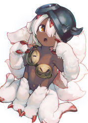 1girl absurdres animal_ears animal_hands ataruman between_legs borrowed_clothes brown_eyes claws damaged dark-skinned_female dark_skin dutch_angle extra_arms fake_horns faputa fewer_digits flat_chest from_above hair_over_one_eye hand_between_legs hands_up helmet highres horned_helmet horns looking_at_viewer made_in_abyss monster_girl multiple_tails navel object_on_breast open_mouth orange_eyes sharp_teeth short_hair sideways_glance simple_background sitting solo tail teeth wariza white_background white_fur white_hair