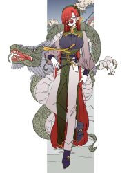 1girl absurdly_long_hair alternate_costume blue_eyes chinese_clothes dragon eastern_dragon flower full_body glasses green_shirt hat hat_ornament highres hong_meiling long_hair long_sleeves nail_polish one_eye_covered pants red_hair round_eyewear shirt shoes solo star_(symbol) star_hat_ornament touhou very_long_hair white_pants zenritsu