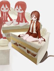 1girl blazer brown_eyes brown_hair cake cake_decoration cake_slice cake_slicer collared_shirt cream empty_eyes expressionless figure food food_focus fruit full_body high_heels highres jacket long_hair long_sleeves necktie original shirt simple_background sitting skirt strawberry strawberry_shortcake surreal test_norma1 wariza white_shirt