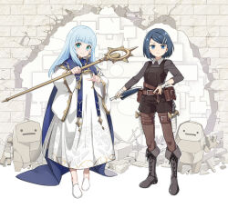 2girls bandaged_hand bandages belle_(dungeon_people) belt belt_pouch blue_eyes blue_hair breasts brick_wall broken_wall brown_footwear brown_overalls brown_shirt brown_thighhighs clay_(dungeon_people) closed_mouth dagger dungeon_people eyebrows_hidden_by_hair full_body golem green_eyes grey_hair hair_ornament hairclip holding holding_dagger holding_knife holding_staff holding_weapon knife looking_at_viewer mage_staff medium_hair multiple_girls nyoro_(nyoronyoro000) overalls pouch robe shirt short_hair small_breasts smile staff thigh_belt thigh_sheath thigh_strap thighhighs weapon white_footwear white_robe