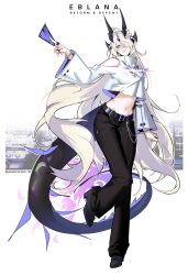 Rule 34 | 1girl, absurdres, alternate costume, arknights, black horns, black tail, casual, dragon girl, dragon horns, dragon tail, fiery tail, fire, flame-tipped tail, hair over one eye, highres, horns, khrnnfz, multiple horns, navel, necrass (arknights), purple fire, solo, tail