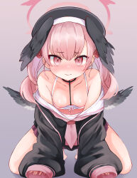 1girl absurdres areola_slip bare_shoulders beret blue_archive blush bra breasts closed_mouth collarbone downblouse festa11307070 grey_background halo hat head_wings highres kneeling koharu_(blue_archive) leaning_forward long_hair long_sleeves looking_at_viewer medium_hair neckerchief nose_blush off_shoulder pink_eyes pink_hair pleated_skirt purple_skirt school_uniform serafuku simple_background skirt small_breasts solo underwear winged_hat wings