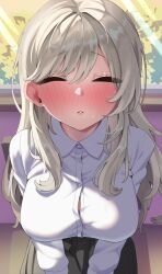 1girl absurdres black_skirt blush breasts button_gap buttons chair cleavage closed_eyes collared_shirt commentary_request cowboy_shot day ear_blush facing_viewer grey_hair hair_behind_ear hair_between_eyes hands_on_lap highres indoors long_hair long_sleeves medium_breasts nose_blush on_chair parted_lips saetusum sena_ajisai shirt sitting skirt solo sweatdrop waiting_for_kiss watashi_ga_koibito_ni_nareru_wake_naijan_murimuri! wavy_hair white_shirt window