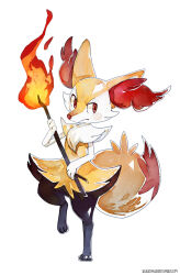1girl bluekomadori braixen closed_mouth fire full_body furry furry_female gen_6_pokemon highres holding holding_stick nintendo pokemon pokemon_(creature) red_eyes simple_background solo standing stick tumblr_username white_background