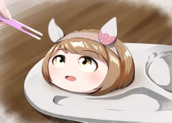 1girl 1other animal_ears brown_hair ear_covers fork head_only horse_ears horse_girl meso_(zgmf-xv) name_connection short_hair smile solo_focus umamusume yellow_eyes yukimi_daifuku_(food) yukino_bijin_(umamusume)
