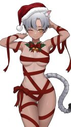 1girl :3 arc2urus armpits arms_behind_head arms_up bell black_tail borrowed_character bow breasts cat_girl cat_tail cleavage closed_mouth cowboy_shot dark-skinned_female dark_skin dot_nose earrings eyebrows_hidden_by_hair grey_hair grey_tail hair_over_one_eye half-closed_eyes hand_in_own_hair hat highres jewelry kara_(vertigris) leaf light_blush long_eyelashes looking_at_viewer medium_breasts naked_ribbon neck_bell one-piece_tan one_eye_closed original parted_bangs red_bow red_ribbon ribbon santa_hat short_hair sidelocks simple_background skindentation slit_pupils smile solo spotted_tail stud_earrings tail tan tanline thick_eyelashes thigh_gap thighs two-tone_tail underboob white_background yellow_eyes