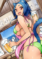 1girl 3boys alcohol animal_ears apron aruko_(nac000) ass beer beer_mug bikini blue_hair blush breasts cat_ears cat_tail cup fangs green_bikini highres holding large_breasts looking_at_viewer looking_back mug multiple_boys nac000 nearly_naked_apron open_mouth original red_eyes short_hair smile swimsuit tail translation_request