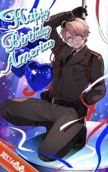 1boy ahoge america_(hetalia) arm_behind_back arm_up axis_powers_hetalia balloon belt black-framed_eyewear black_belt black_boots black_gloves black_hat black_necktie blonde_hair blue_eyes blurry blurry_background boots breast_pocket brown_jacket brown_pants character_name collared_shirt commentary_request confetti dated english_text full_body glasses gloves gun gun_sling handgun happy_birthday hat hat_ornament heart_balloon highres holding jacket lapels long_sleeves looking_at_viewer male_focus military_hat military_jacket military_uniform mini_hat necktie pants pocket puffy_long_sleeves puffy_sleeves sama_8_sm semi-rimless_eyewear shadow shirt short_hair smile solo squatting stage_lights star_(symbol) star_hat_ornament teeth v-shaped_eyebrows weapon white_shirt